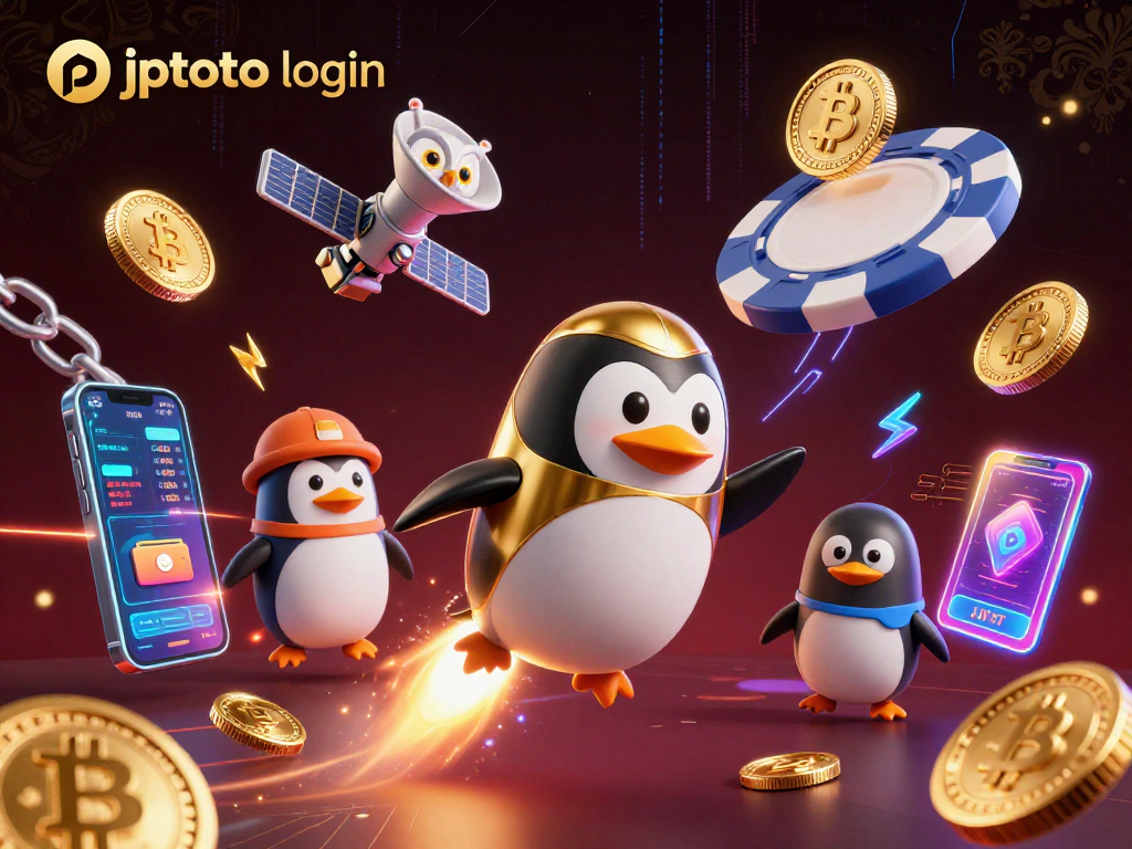 Engage with the vibrant jptoto login scene, featuring a golden penguin and crypto elements in dynamic action.