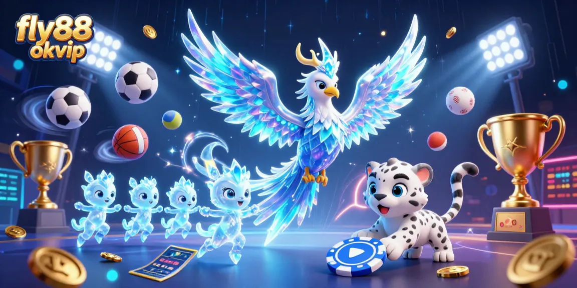 Experience the thrill of fly88 okvip with a vibrant 3D casino illustration showcasing an ice phoenix, sports elements, and glowing sprites.