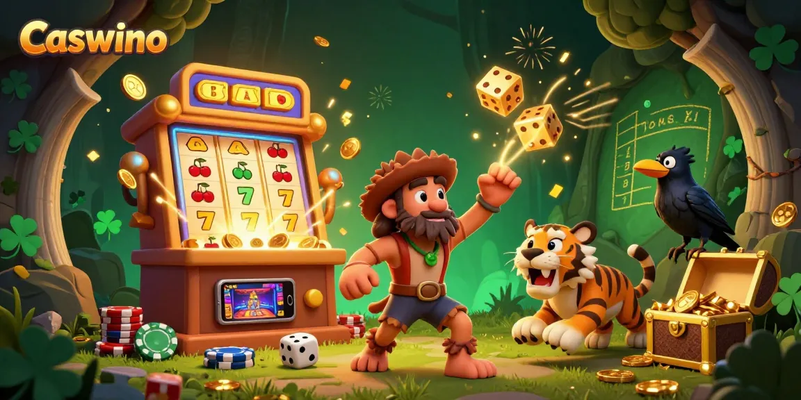 Play engaging casino games at Caswino with vibrant 3D illustration of characters and jackpots.