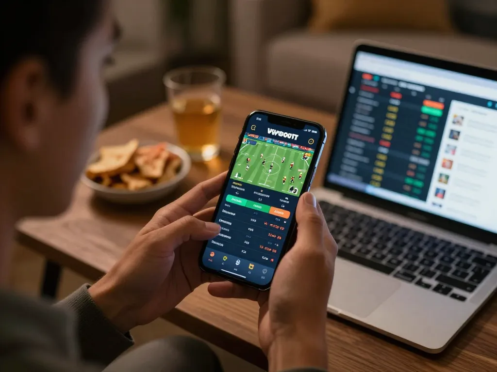 Engaging in strategic cm888 sports betting on a smartphone, displaying live match odds in a cozy home setup.