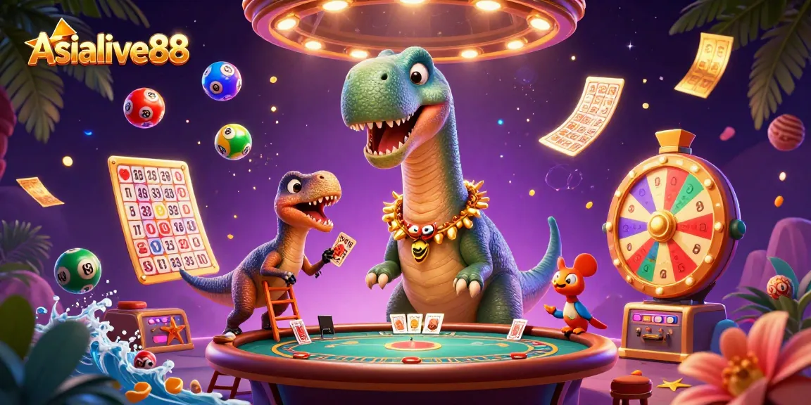 Experience the thrill of Asialive88 as colorful lottery balls burst around animated casino characters.