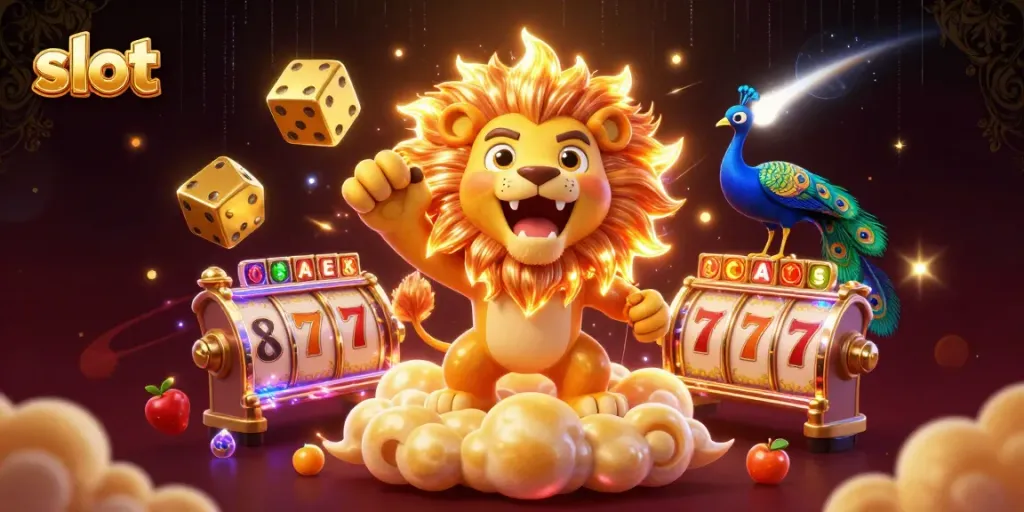 Memenangkan slot dengan karakter kartun 3D bermain di latar belakang kasino yang berkilau dan dinamis.