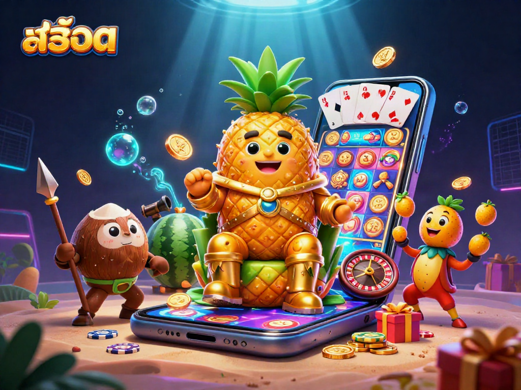 Engage with สล็อต gameplay featuring a golden pineapple king and vibrant slot elements in a dynamic casino scene.