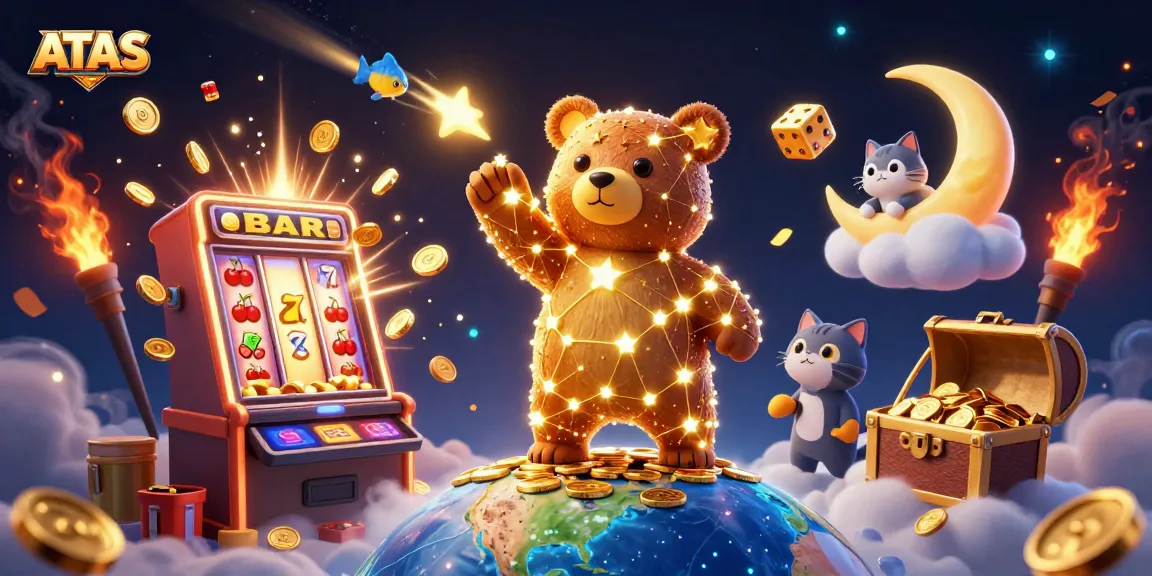 Join the excitement at ATAS with vibrant gaming elements, featuring colorful slot machines and coins raining down.