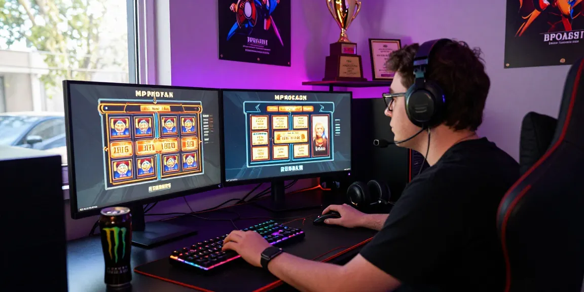 Engaging online gaming scene at situs MPOCASH with dual monitors and vibrant LED lighting.