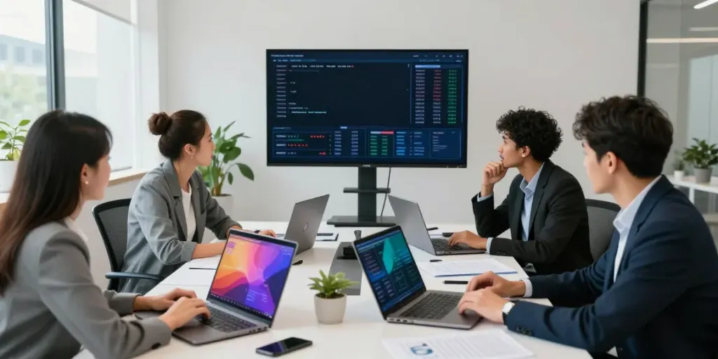 Sports betting analysts collaborating in a modern office, focusing on Statymu Zona insights.