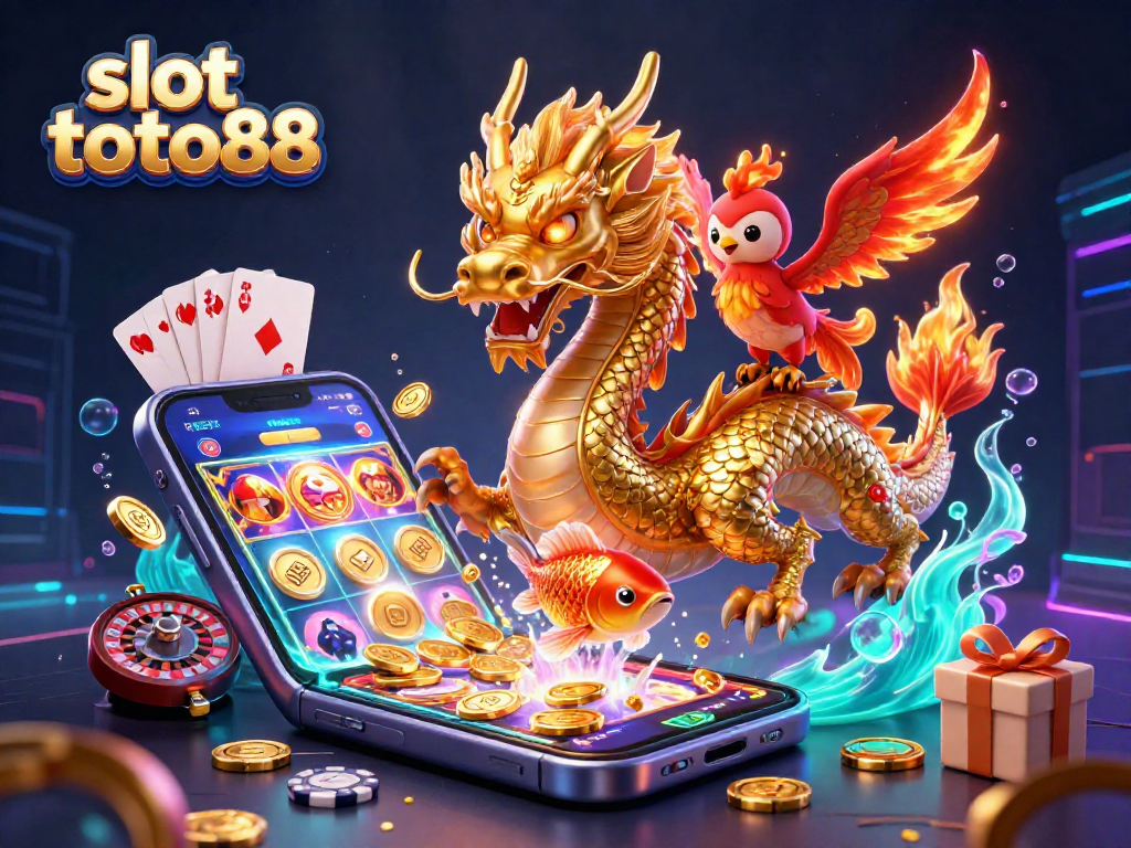 Experience the thrill of slot toto88 with stunning dragon and phoenix characters in a vibrant casino scene.