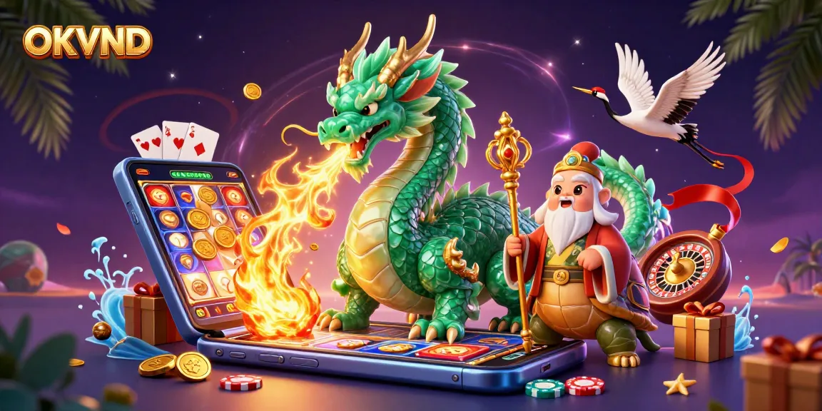 Experience thrilling gaming action with OKVND's dynamic casino scene featuring enchanting characters.