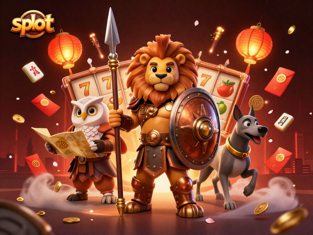 Spin the slot reels with a 3D Spartan lion and lucky symbols in this vibrant scene.