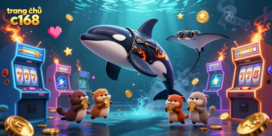 Join the fun at trang chủ c168, where an orca, stingray, and otters celebrate gaming excitement.