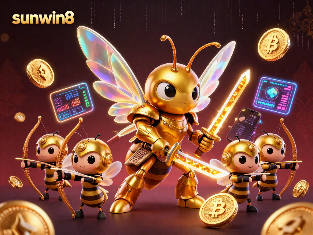 Engage in exciting gaming scenes with sunwin8, featuring dynamic 3D characters and glowing crypto elements.