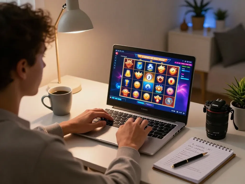 Engaging in online gaming at HM88 with vibrant slots interface and cozy home setup.