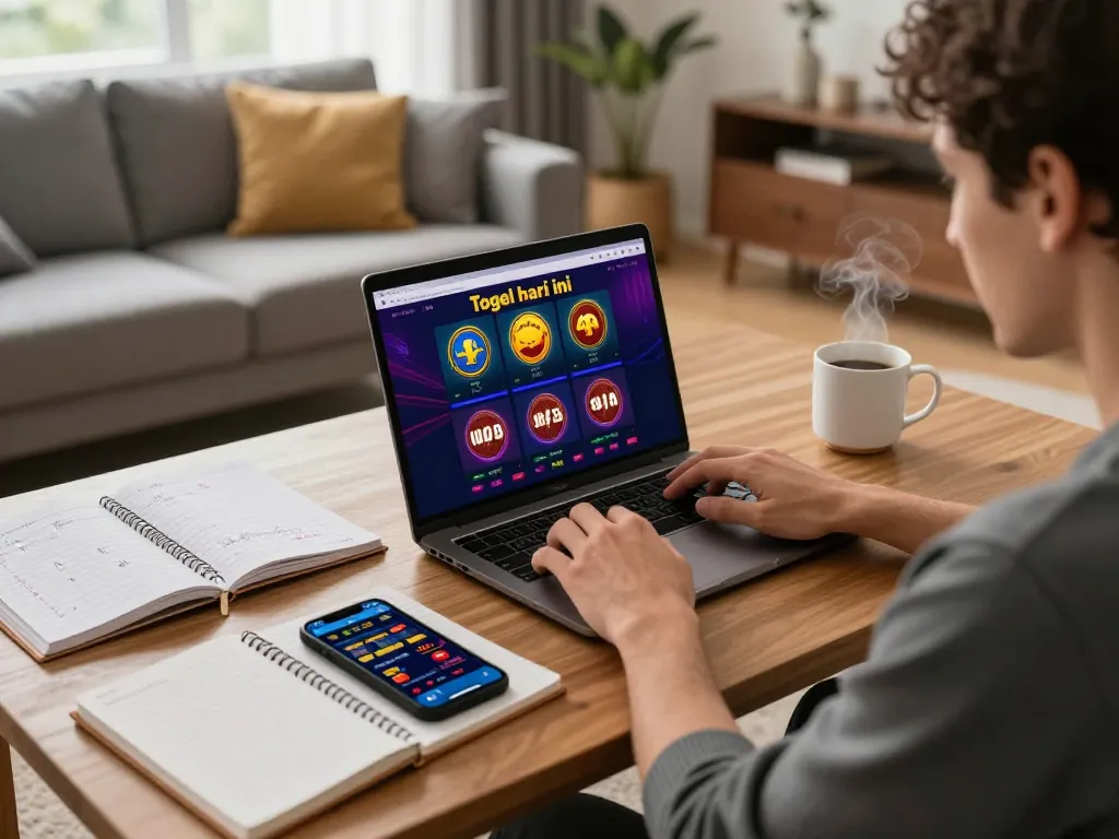 Engaging in togel hari ini betting from home, showcasing strategic notes and a laptop setup for online gaming.