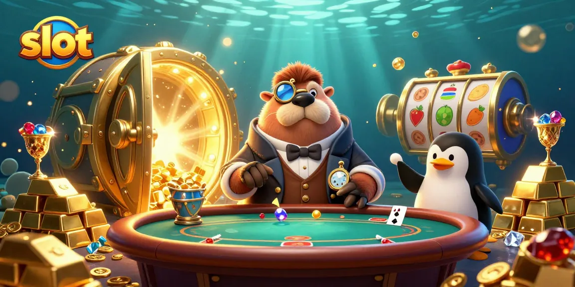 Spin the slot reels alongside a jolly walrus and friends in this vibrant underwater casino scene.