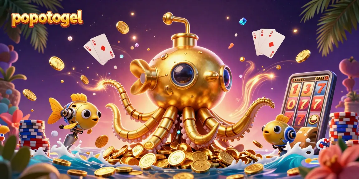 Experience the excitement of popotogel with a vivid underwater scene featuring a golden kraken and casino elements.
