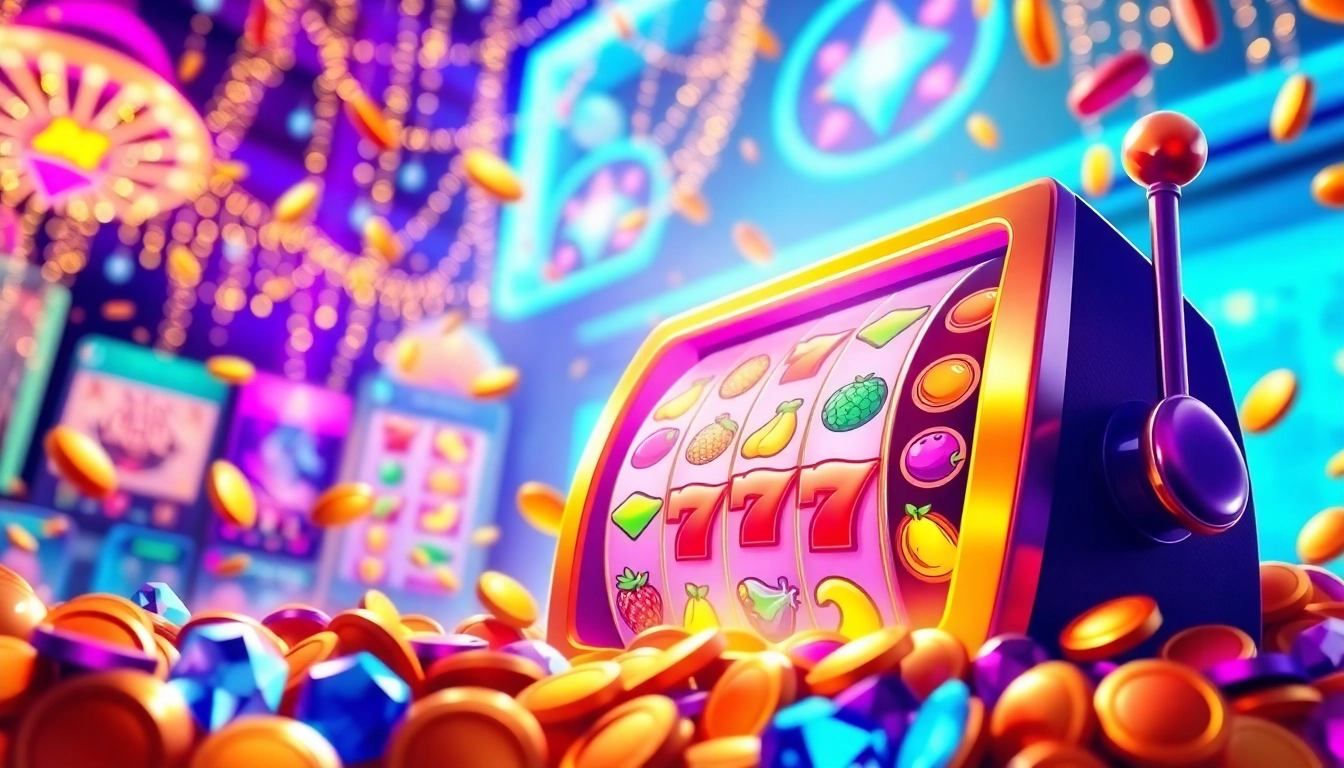 Slot Game yang menarik dengan mesin slot berwarna-warni dikelilingi koin dan permata.