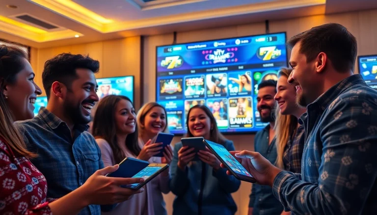 Excited players engaging in online gambling with 79king platform in a modern setting.