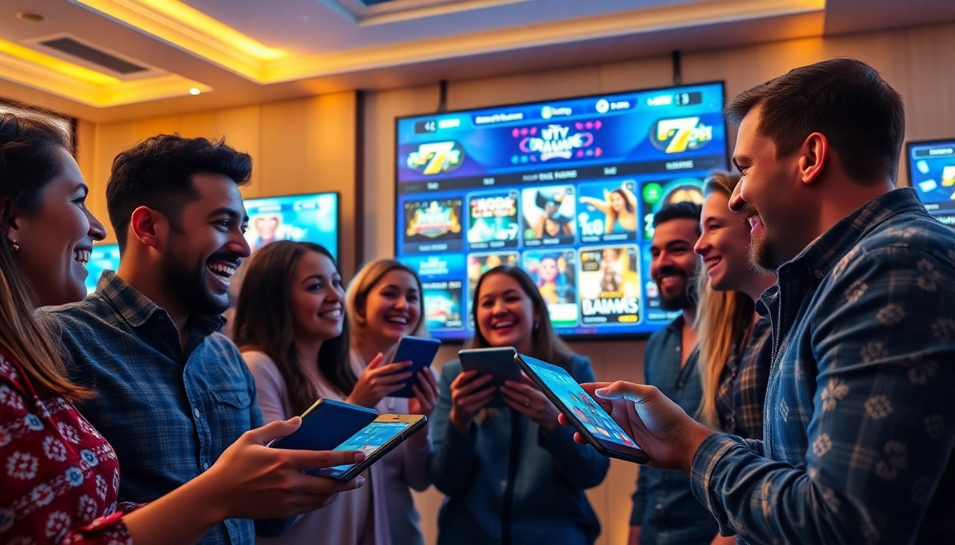 Excited players engaging in online gambling with 79king platform in a modern setting.
