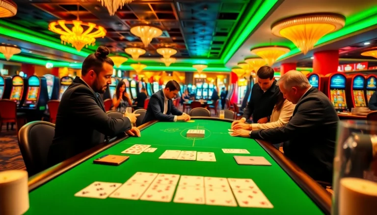 Exciting action at a Blackjack Casino table with players and a dealer engaging in the game.