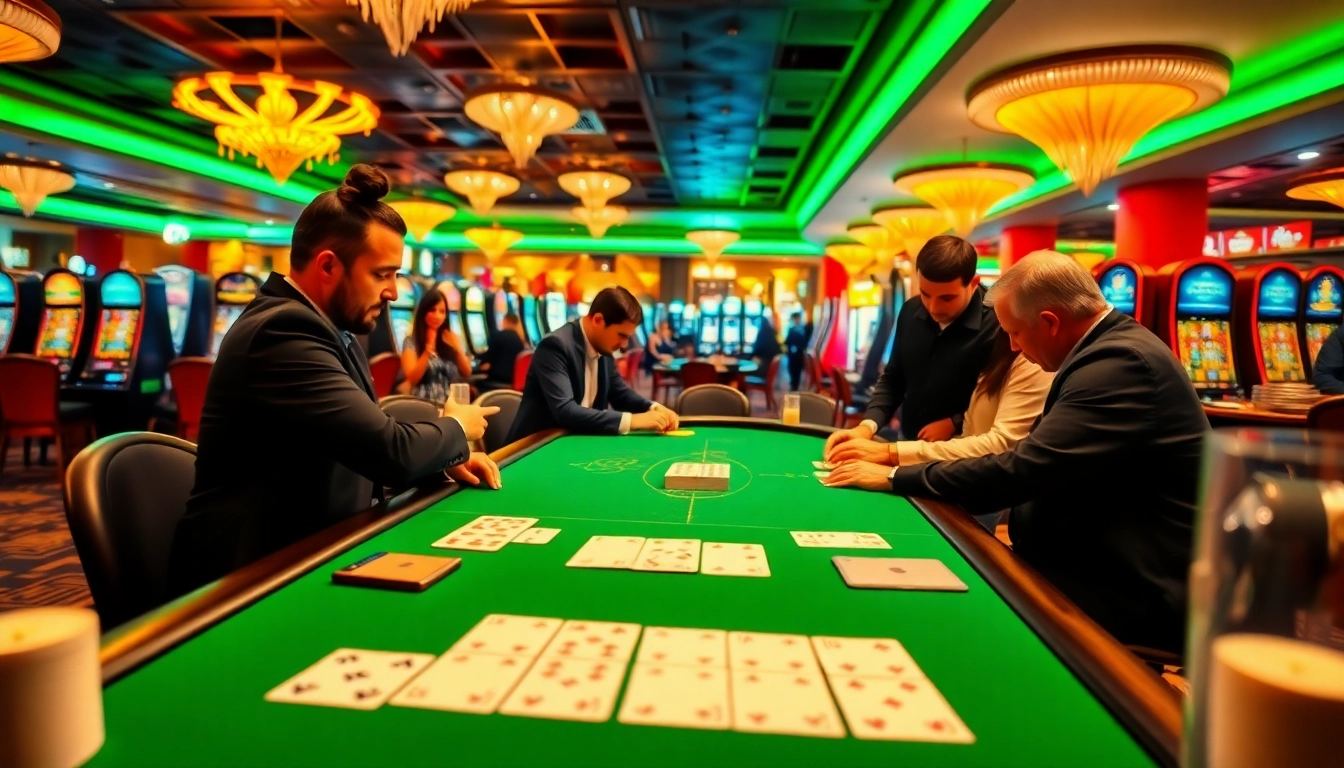 Exciting action at a Blackjack Casino table with players and a dealer engaging in the game.