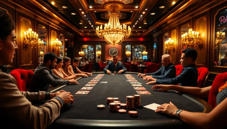 Engaged players enjoying an intense poker game at a lavish casino setting.