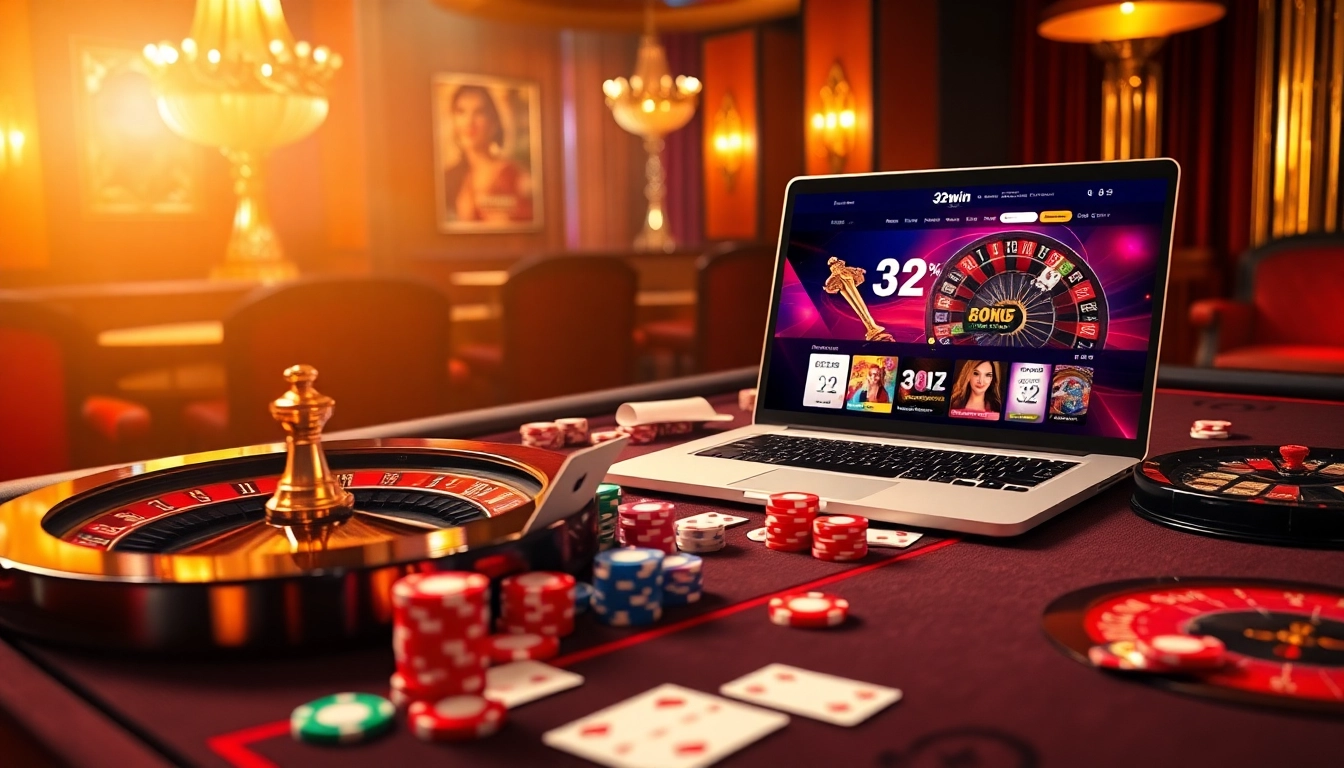 Excited players engaging in a poker game at a luxurious casino with the 32win website featured.