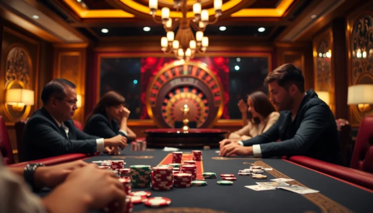 Engaging poker game scene showcasing nhà cái bet88 platform with vibrant chips and casino decor.