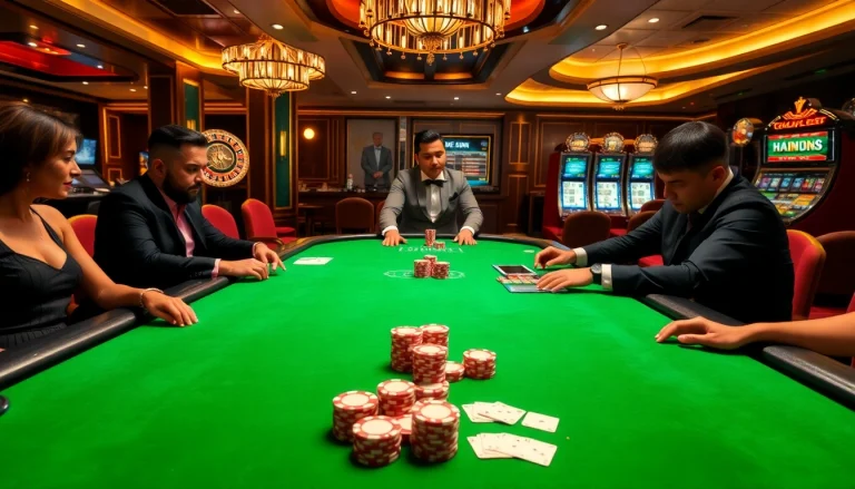 Poker players strategizing at a luxurious table in a vibrant casino featuring web s8 digital elements.