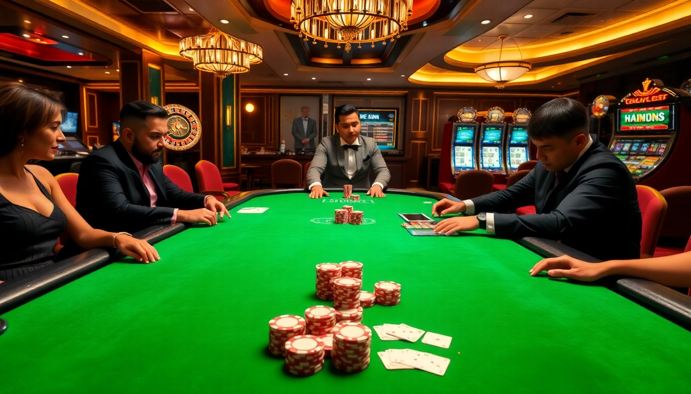 Poker players strategizing at a luxurious table in a vibrant casino featuring web s8 digital elements.