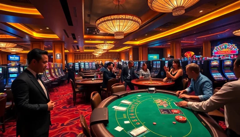 Experience thrilling gameplay at mg188 with luxurious casino tables and excited gamblers.