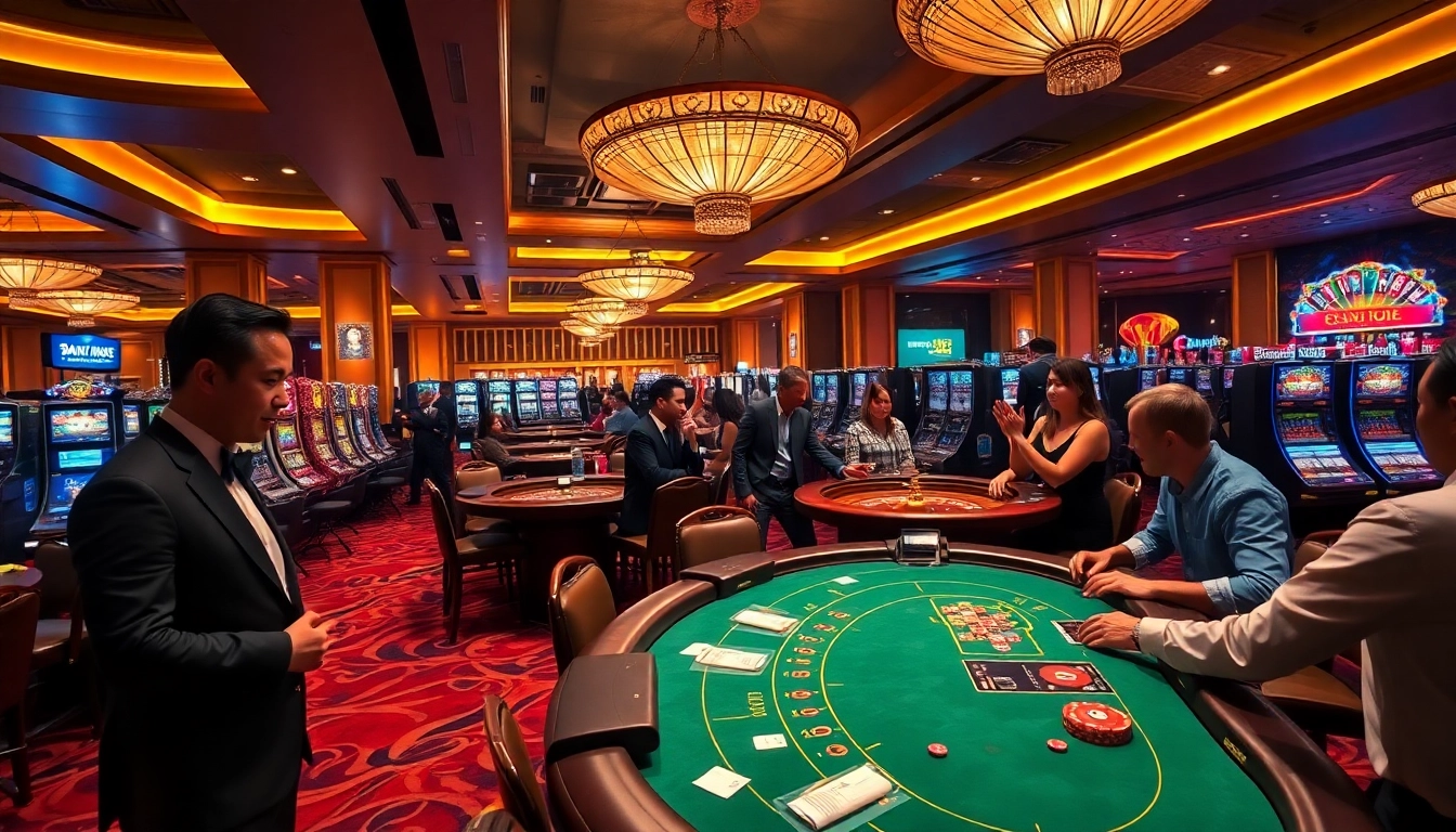 Experience thrilling gameplay at mg188 with luxurious casino tables and excited gamblers.
