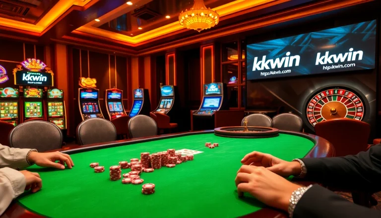 Gamblers enjoying high-stakes poker at KKWIN casino, thriving in an exciting atmosphere.