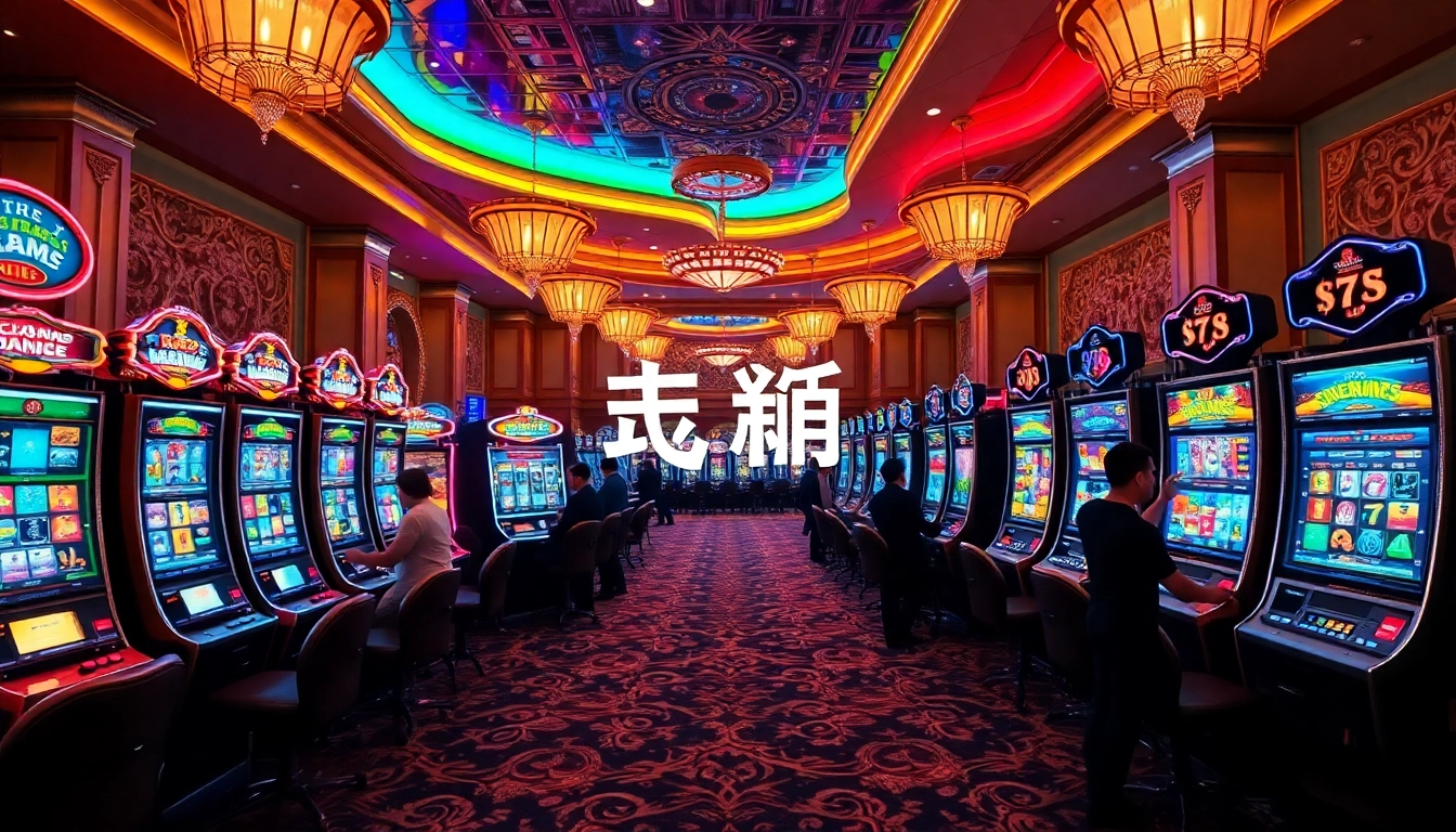 Exciting slot machines in a luxurious 슬롯사이트 casino atmosphere, showcasing vibrant colors and engaged players.
