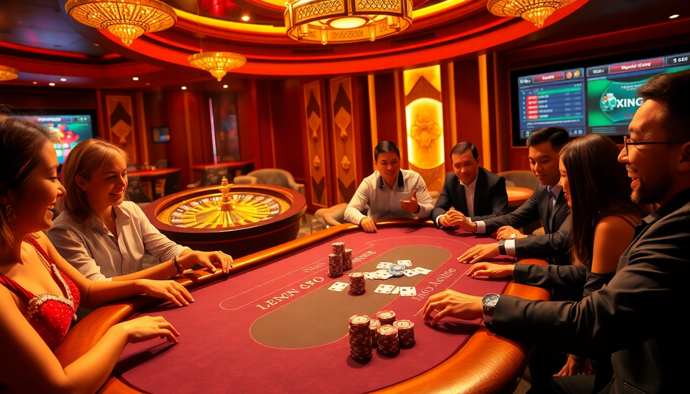 No stress at nhà cái KING88 as players celebrate wins at a luxurious poker table in a vibrant casino.