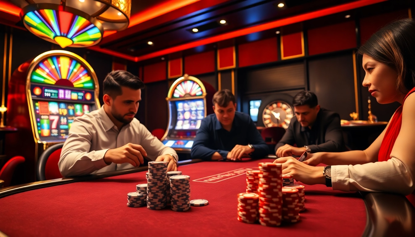 Engaging players enjoying birutoto-style casino gaming experience at a luxurious poker table.