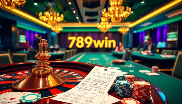Exciting gaming scene showcasing app 789win with roulette and poker elements in a luxurious casino.