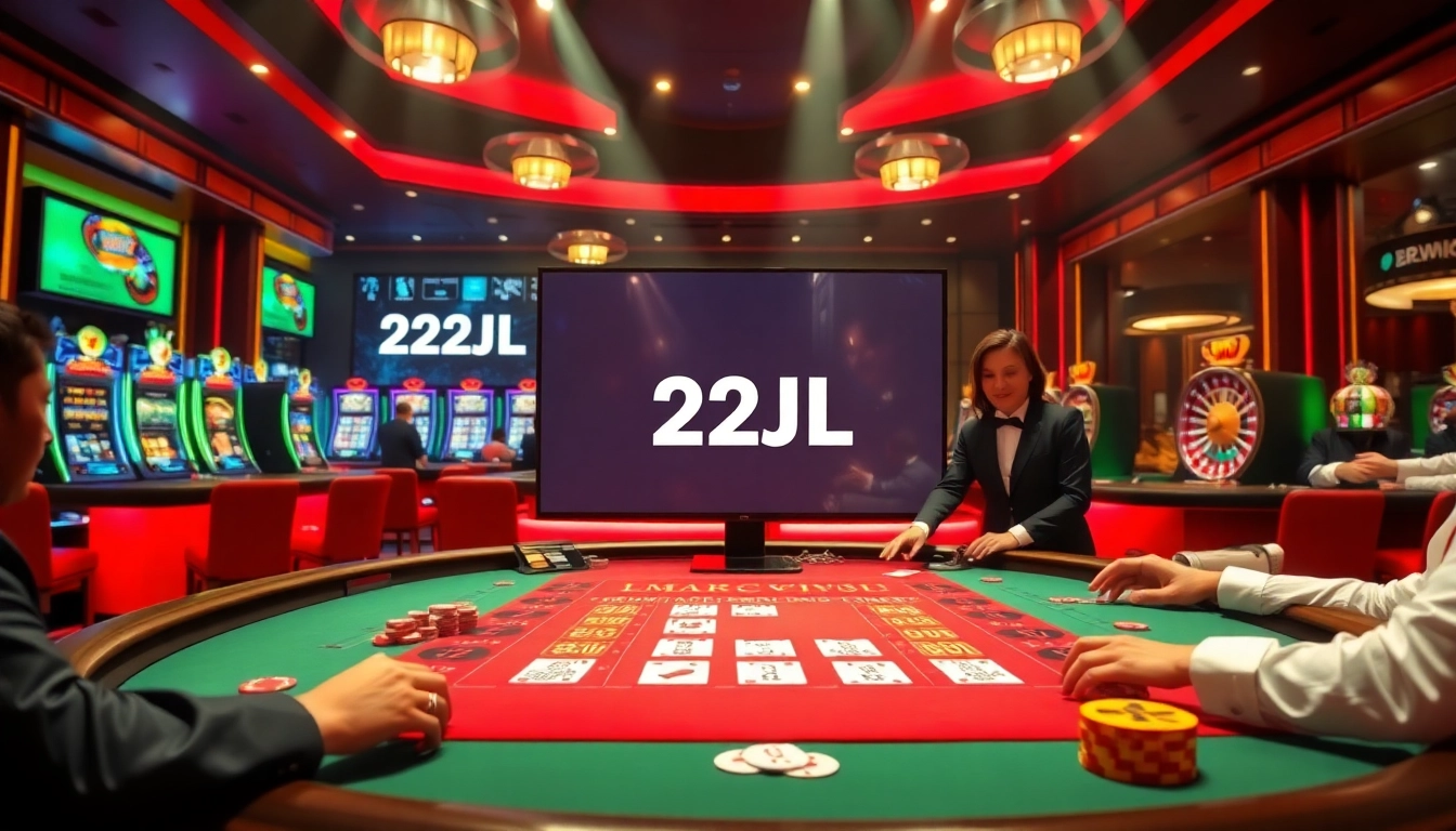 Players enjoying a vibrant blackjack game at the 22JL casino, surrounded by slot machines and roulette wheels.