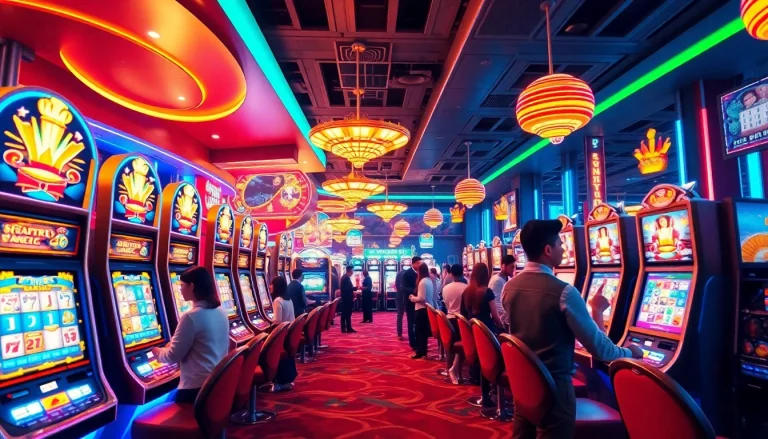 Situs kode4d vibrant digital gaming experience with slot machines, exciting atmosphere.