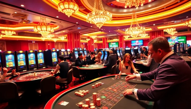 MM88 casino players engaging excitedly at roulette and slot machines