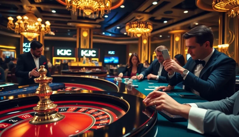 Exciting gaming at KJC casino with players at a roulette table and poker hands.