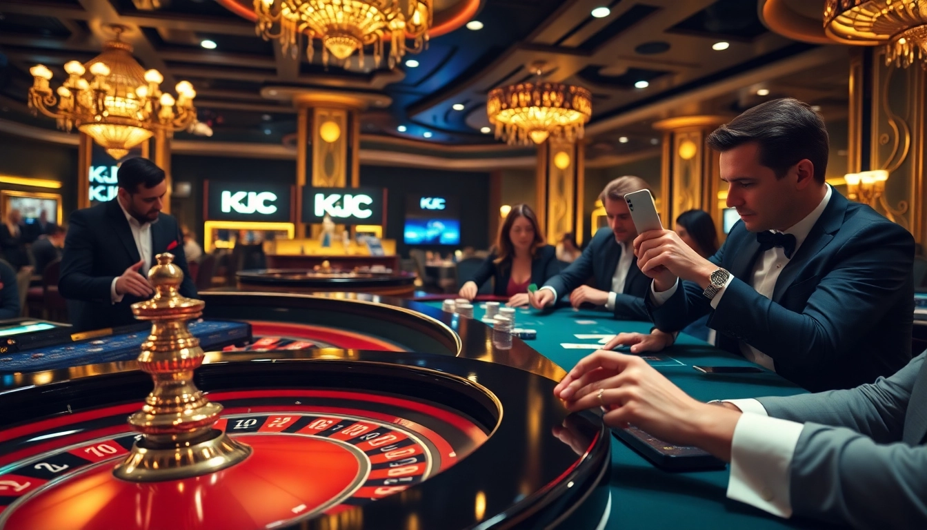 Exciting gaming at KJC casino with players at a roulette table and poker hands.