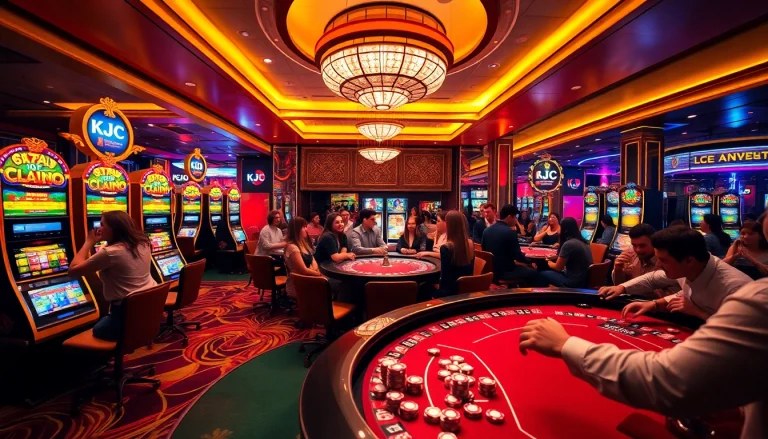 KJC branded luxurious casino scene with players at slot machines and a roulette table.
