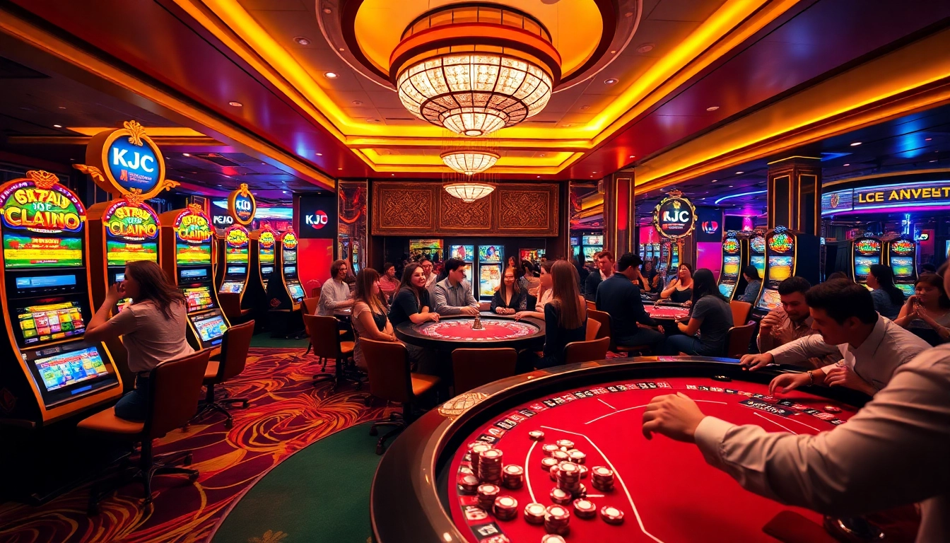 KJC branded luxurious casino scene with players at slot machines and a roulette table.