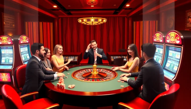 Experience the thrill of online gambling at https://bet299app.com.br/ with a vibrant casino scene featuring players and luxury.