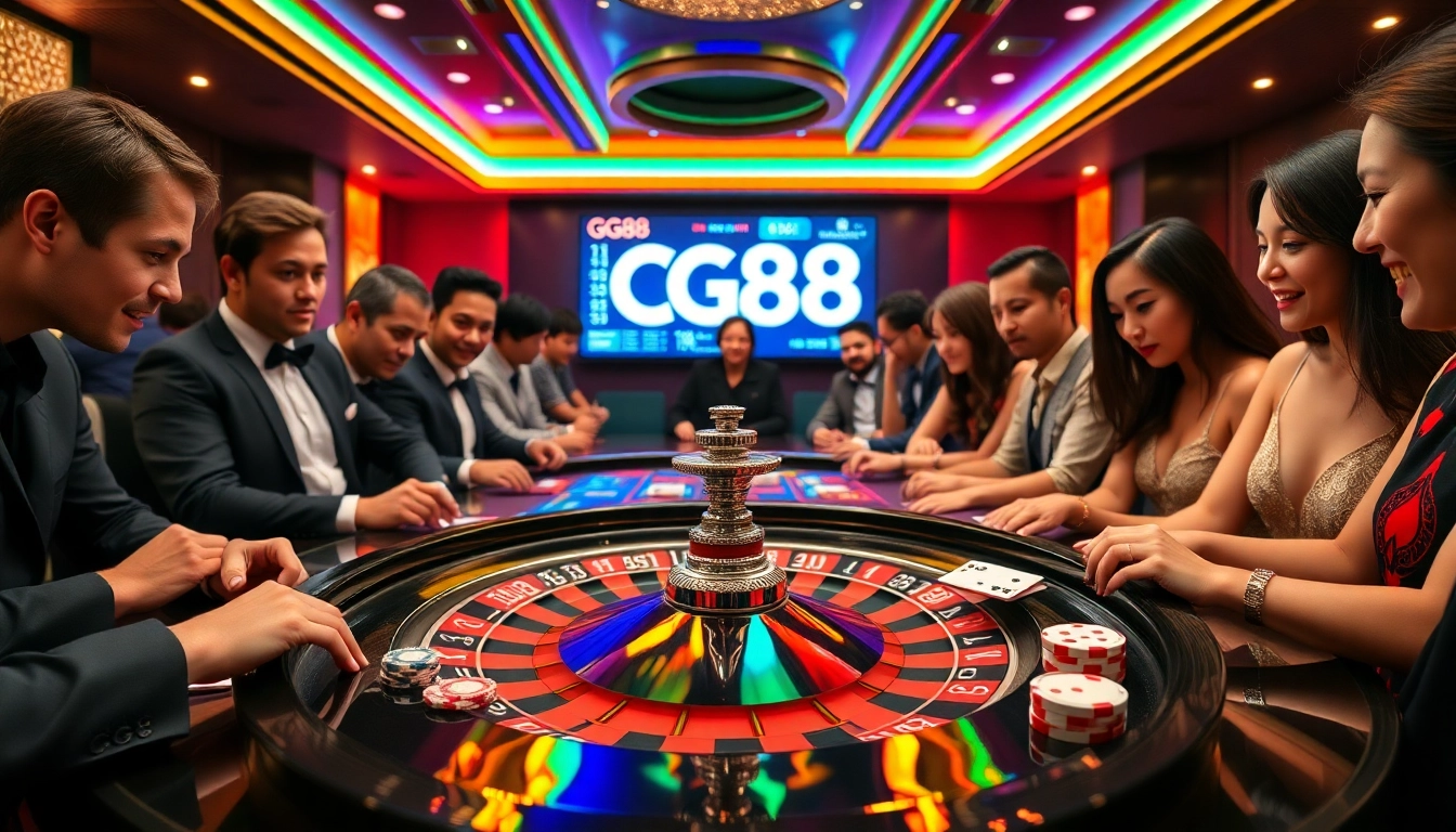 Engage in thrilling gameplay at GG88 with poker chips and roulette, surrounded by excited players.