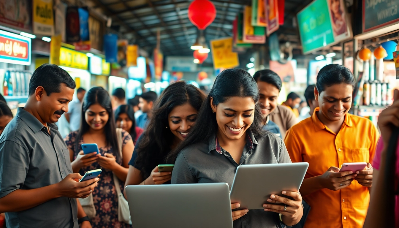 Engaging scene showcasing users exploring Hela Ads in a vibrant Sri Lankan marketplace.