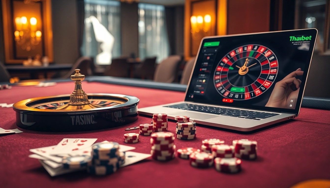 Experience the excitement of online gambling with THABET's luxurious casino scene featuring vibrant cards and chips.