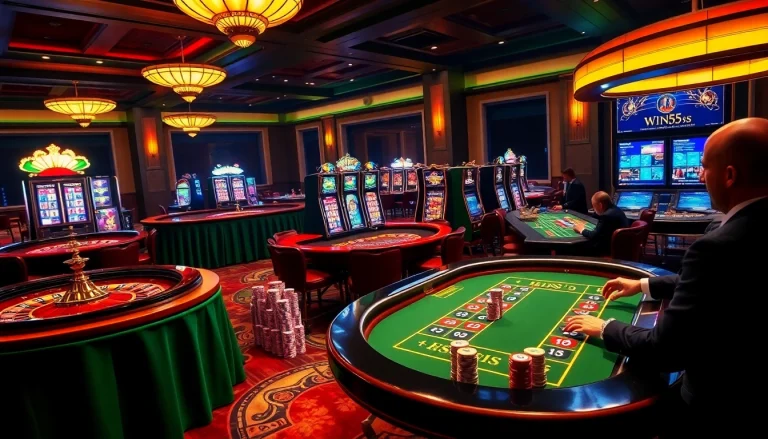 Experience the excitement of win55 with vibrant casino tables and colorful poker chips.