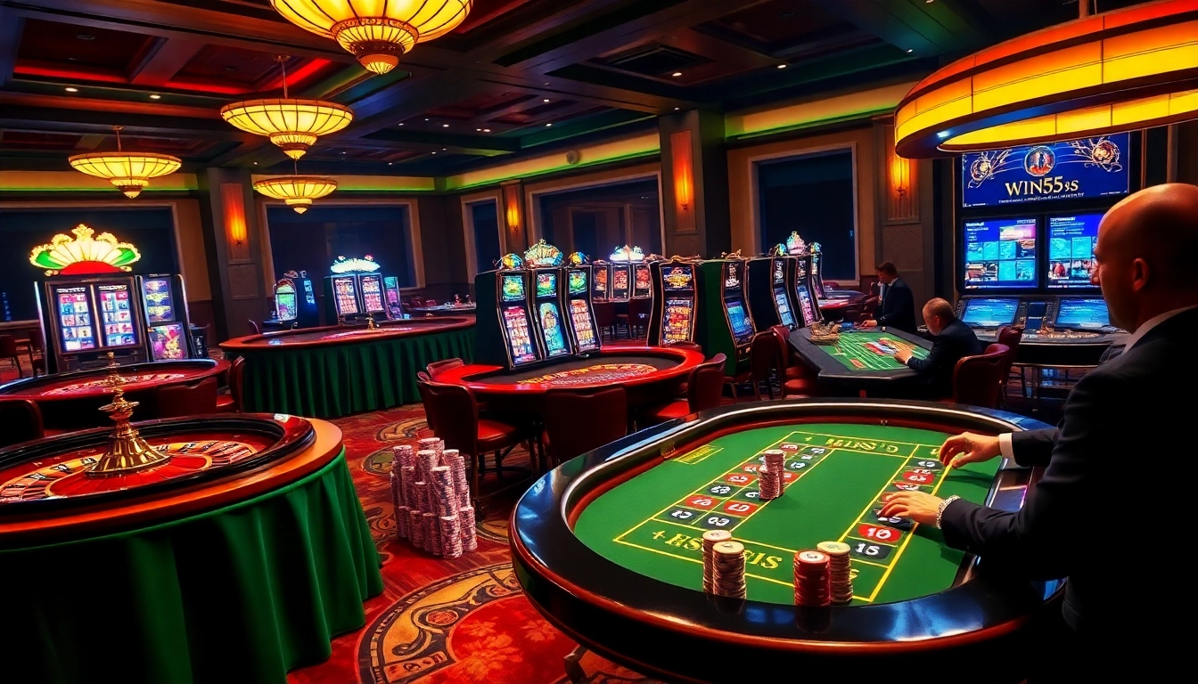 Experience the excitement of win55 with vibrant casino tables and colorful poker chips.