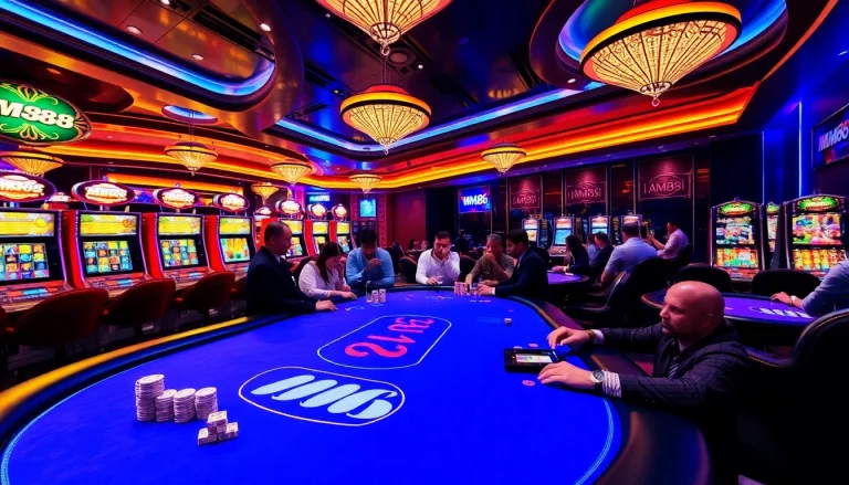 MM88 players intensely betting at a vibrant casino table surrounded by exciting slot machines.